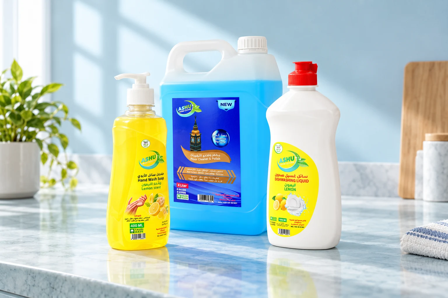 ASHU hand wash, floor cleaner and dishwashing liquid on a clean kitchen counter