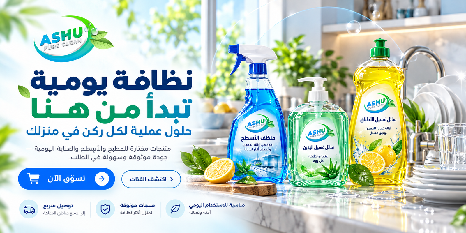 بانر ASHU لنظافة المطبخ مع منظف الأسطح وسائل غسل اليدين وسائل غسيل الأطباق