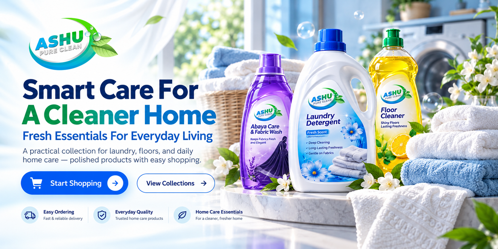 ASHU laundry and home care banner with fabric wash, laundry detergent and floor cleaner